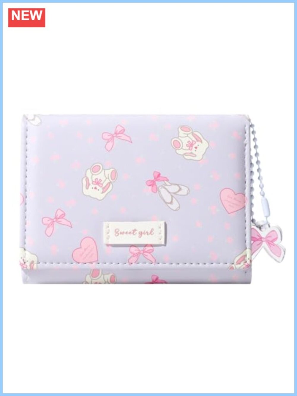 Faux Leather Bifold Wallet with Bunny Bow Print, 7 Card Slots, Photo Window